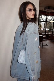 Çiçek İşlemeli Cepli Denim Ceket RS0008 | Mavi