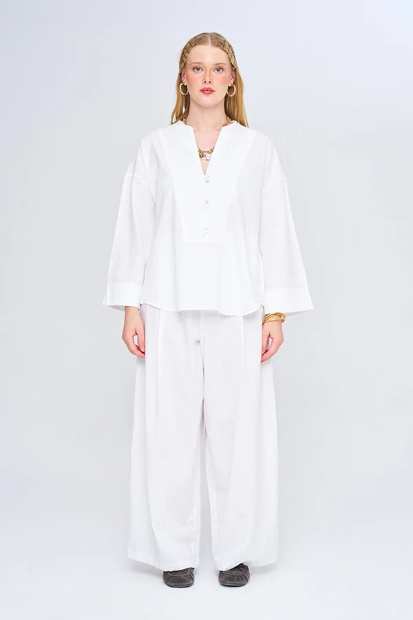 Keten Karışımlı V Yaka Bluz Ecru-RS34982