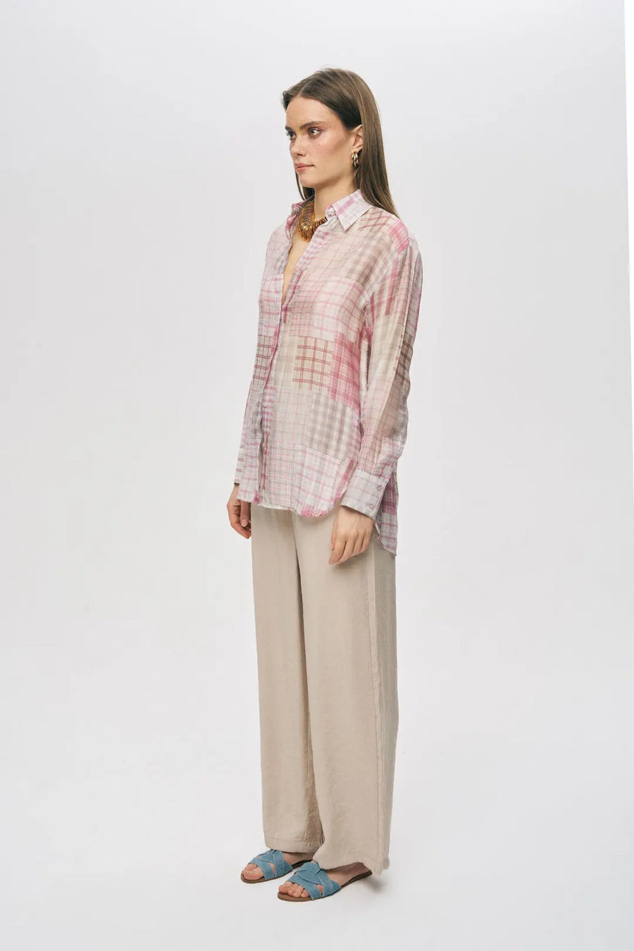 Geometrik Desenli Tencel Karışımlı Uzun Gömlek Rs34820