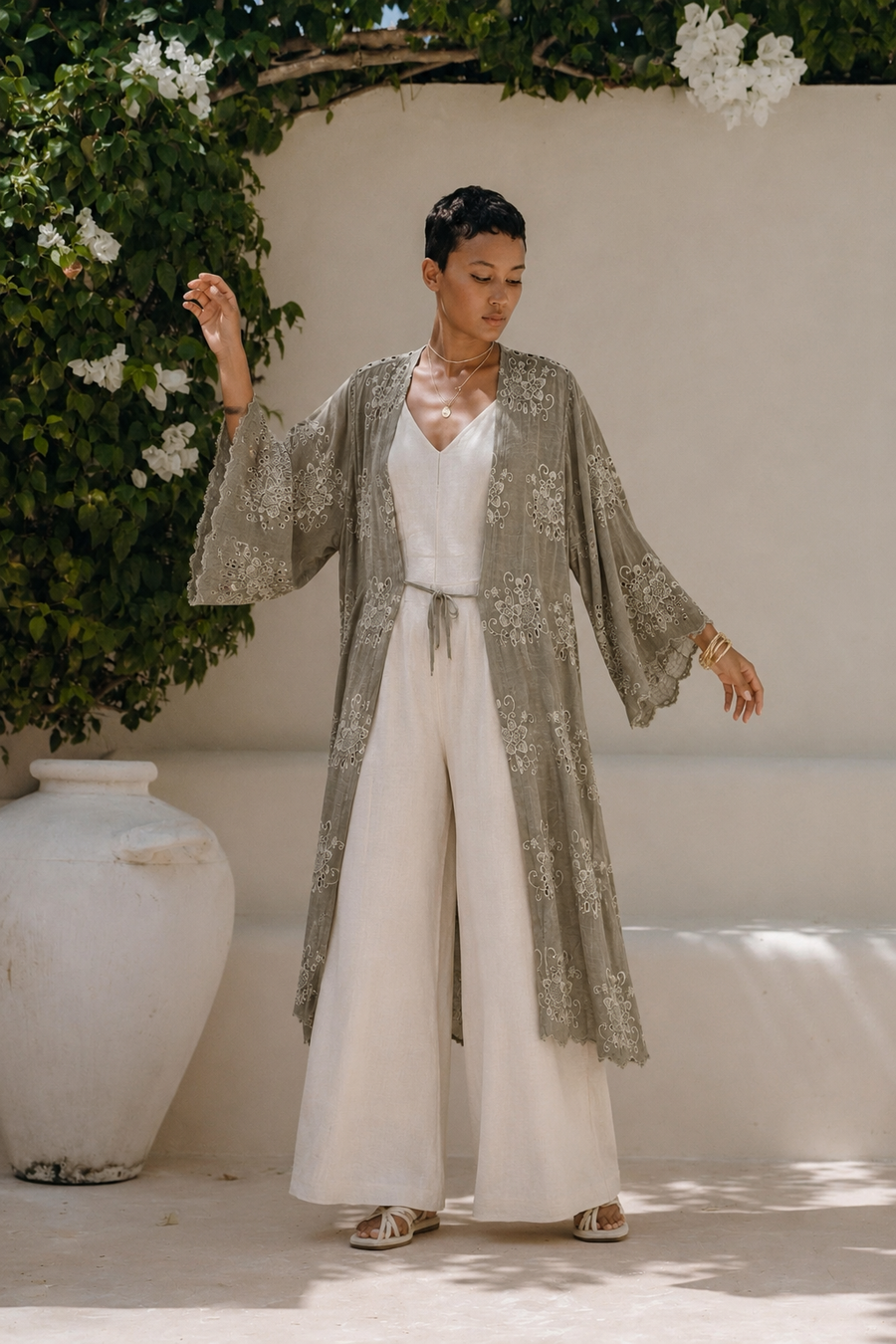Keten Önden Bağlamalı Bol Kol Kimono