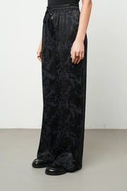ORF-Siyah Çiçek Desenli Saten Palazzo Pantolon
