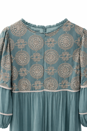 Dantel İnci İşlemeli Katlı Maksi Elbise-Mint