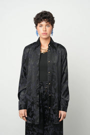 ORF-Siyah Çiçek Desenli Saten Oversize Gömlek