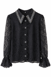 Zarif Güpür Detaylı Transparan Kollu Bluz-Siyah