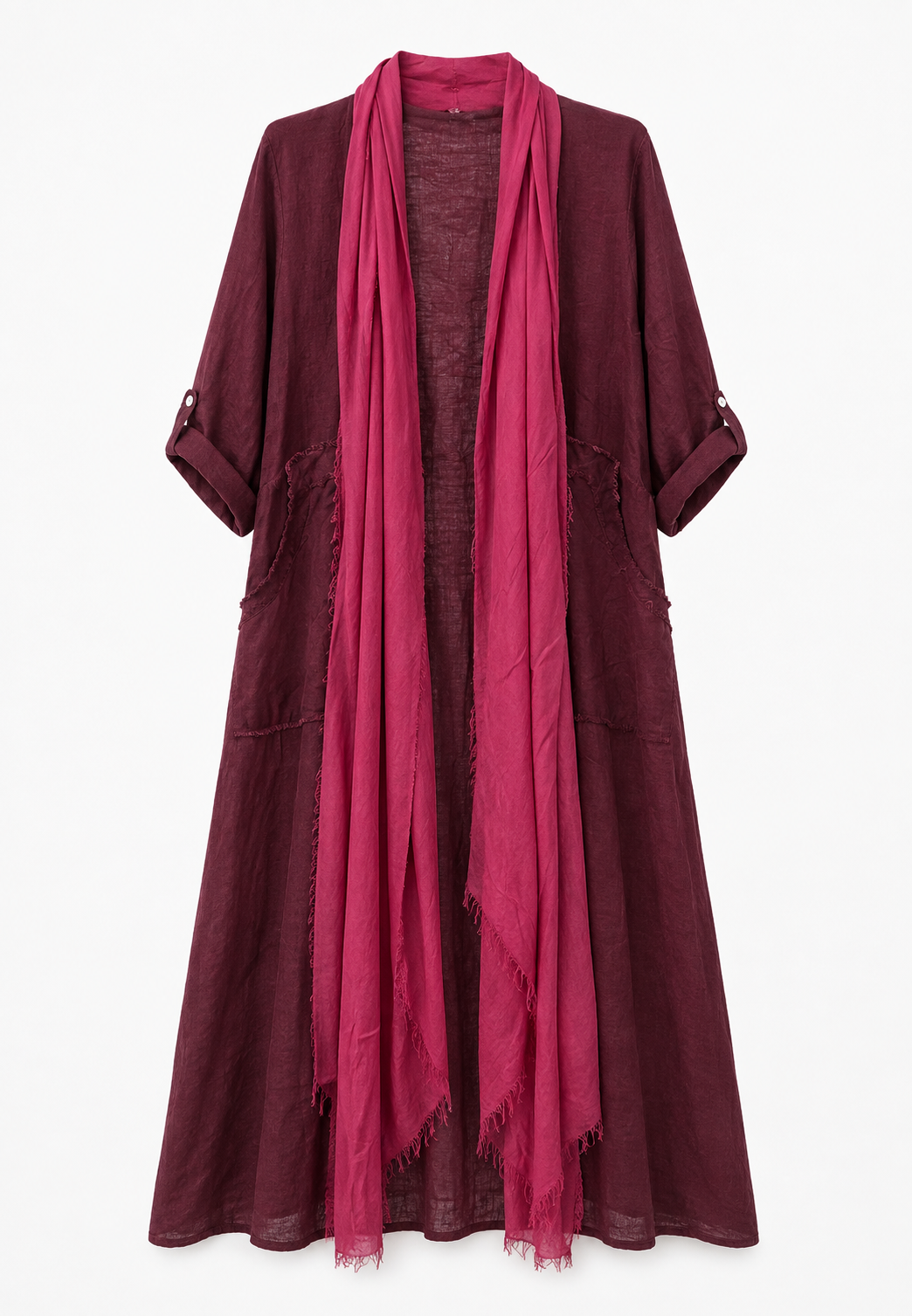 Saf Keten Uzun Kaftan Bordo