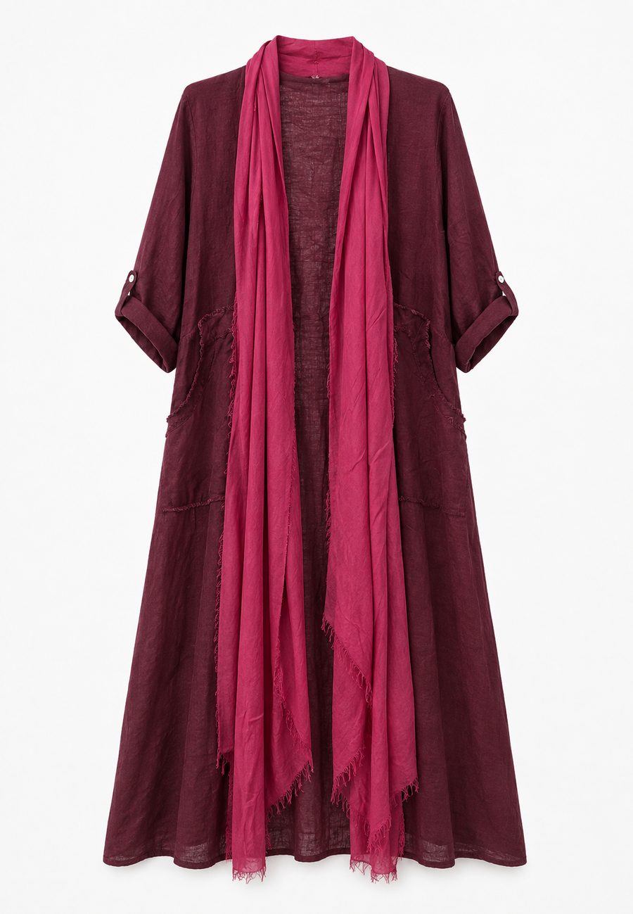 Saf Keten Uzun Kaftan Bordo