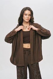 ORF-Boncuk İşlemeli Oversize Kimono K.Kahve