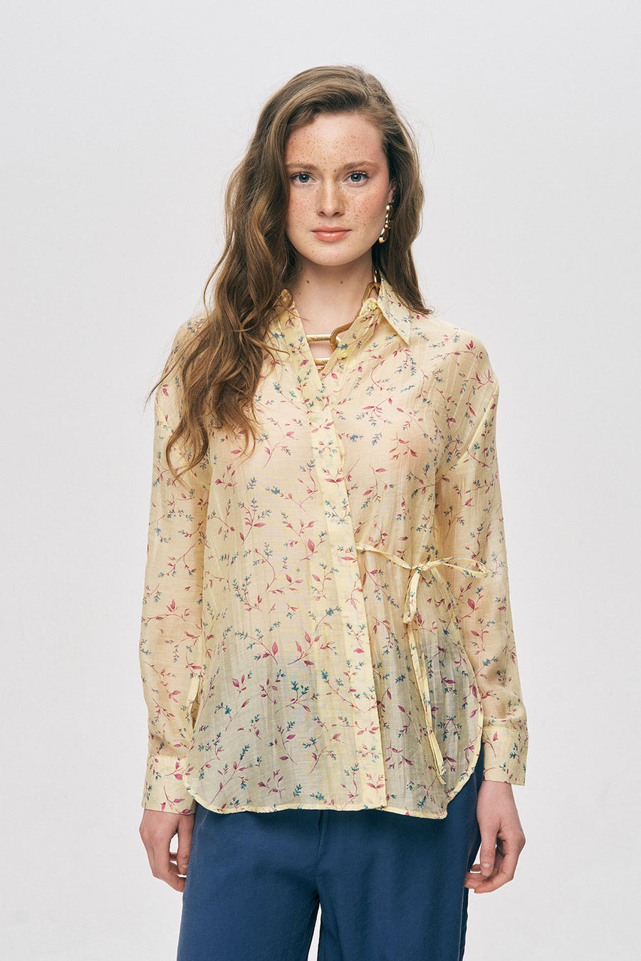Bağlamalı Desenli Tencel Gömlek Modeli Rs34817