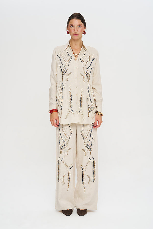 Oversize Nakışlı Keten Gömlek-RS34660