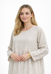 Katlı Uzun Keten Elbise- Krem