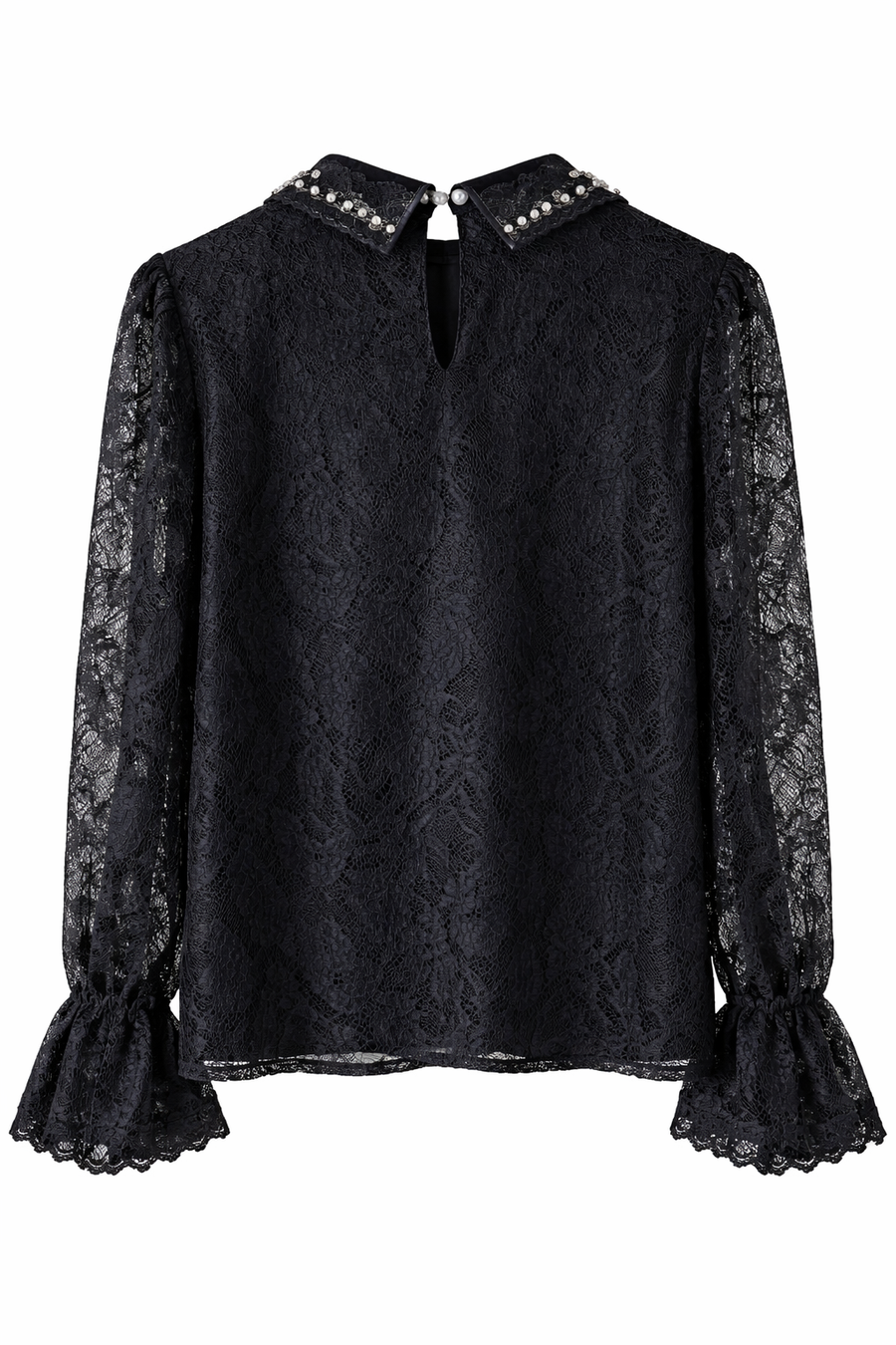 Zarif Güpür Detaylı Transparan Kollu Bluz-Siyah
