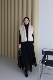 Düz Desen Kısa Kürk Yelek-Krem