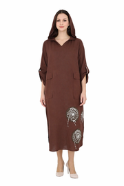 Kapüşonlu Keten Elbise- Açık Kahve