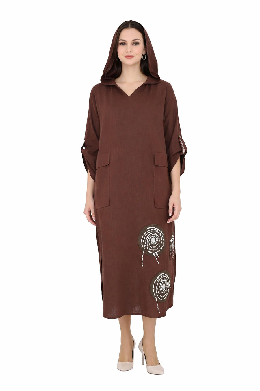 Kapüşonlu Keten Elbise- Açık Kahve