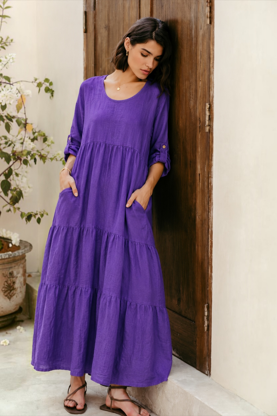 Katlı Uzun Keten Elbise- Mor
