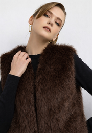 Düz Desen Kısa Kürk Yelek-Kahverengi