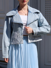 Kot Rengi 4S5-3 Dantelli Kruvaze %100 Koton Tasarım Denim Ceket