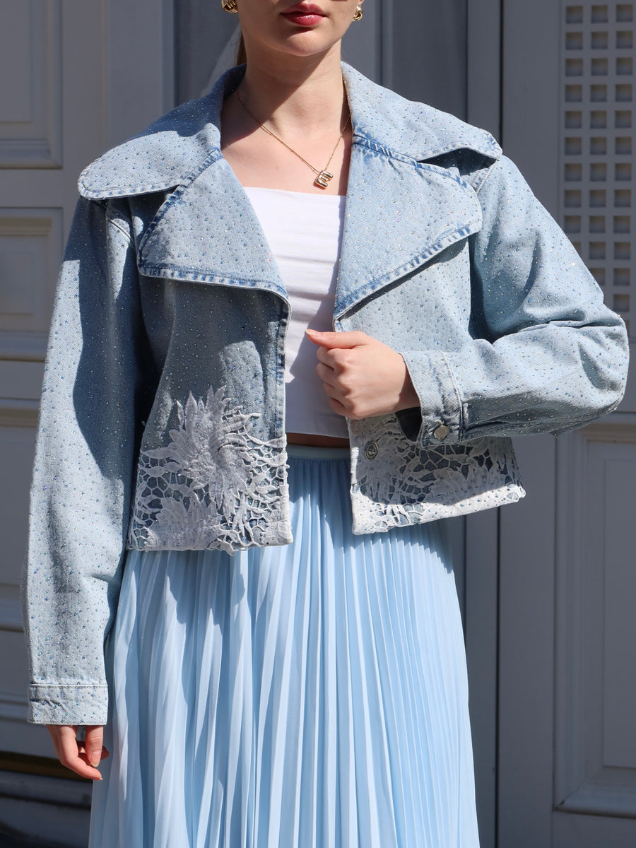 Kot Rengi 4S5-3 Dantelli Kruvaze %100 Koton Tasarım Denim Ceket
