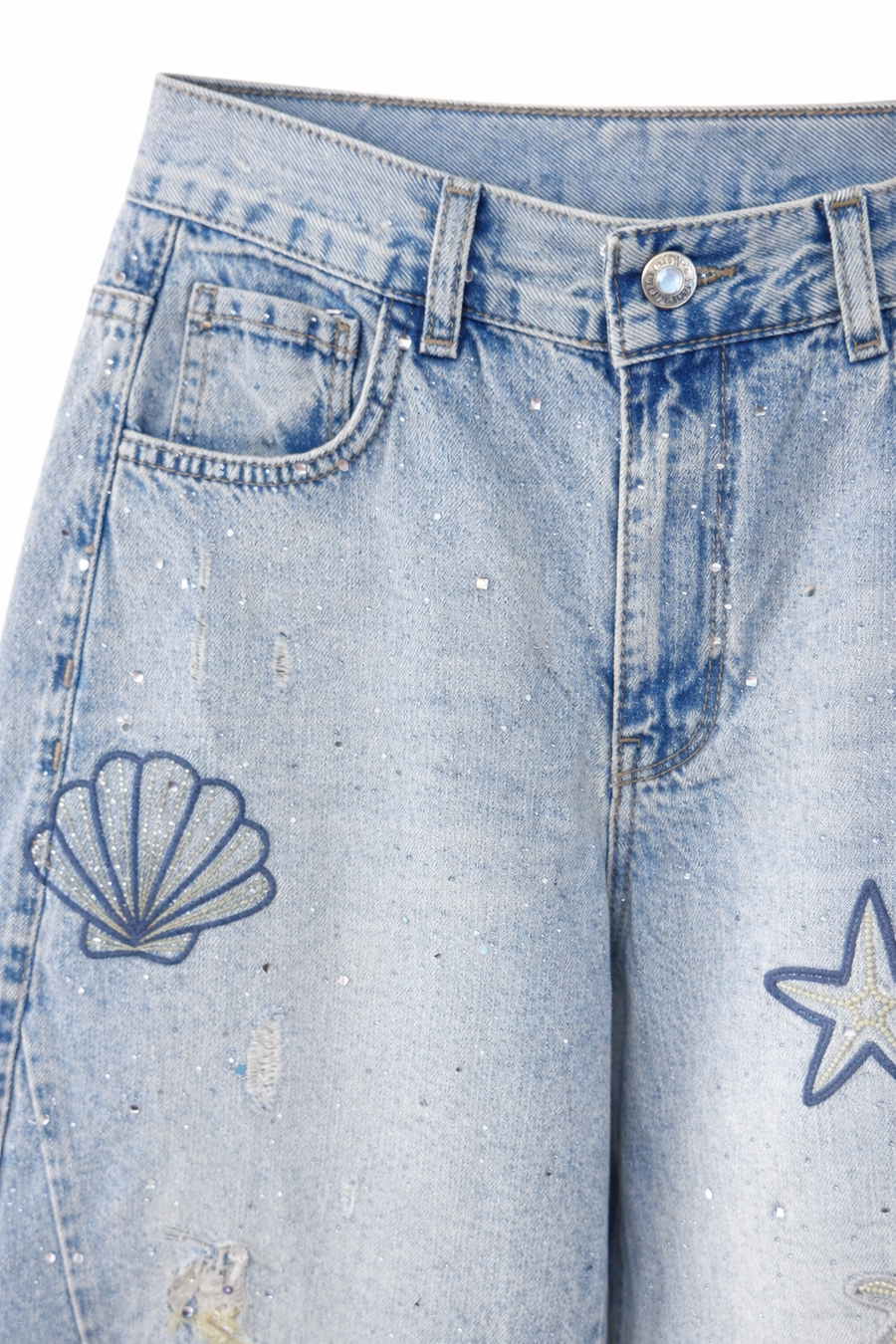 Tasarım Jean Pantolon Midye Kabuk Desen Taşlı