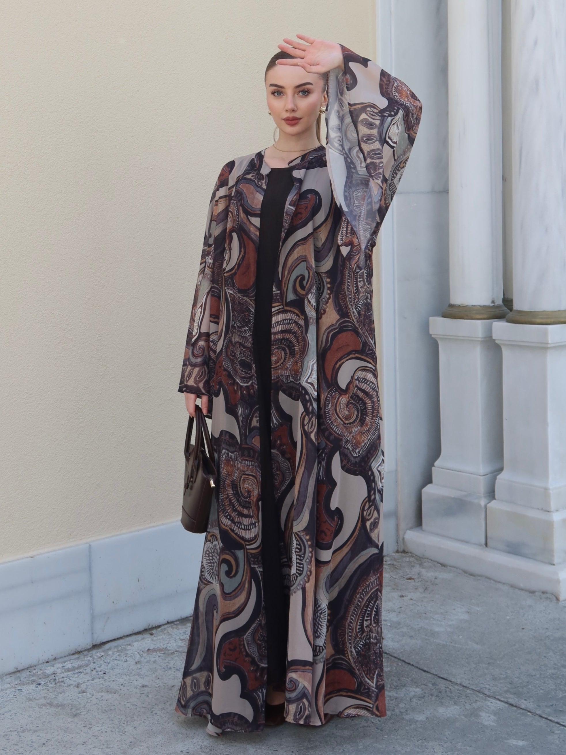 Bohem Paisley Uzun Kimono Şal Desen Kahve