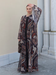 Bohem Paisley Uzun Kimono Şal Desen Kahve