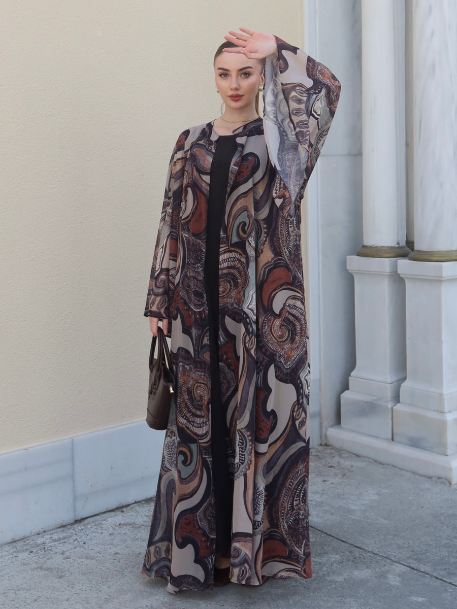 Bohem Paisley Uzun Kimono Şal Desen Kahve