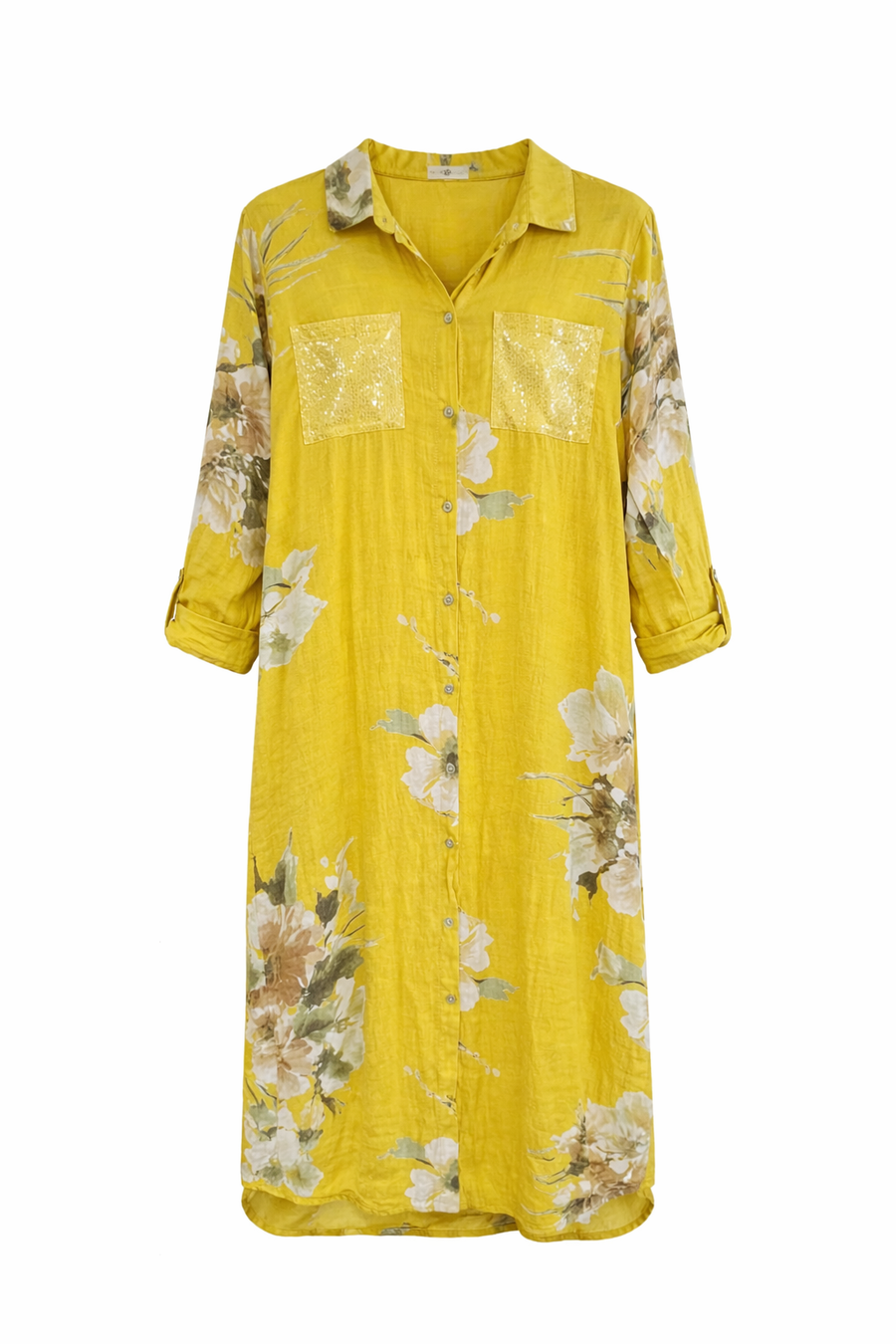 Ham Keten Gömlek Elbise Sarı Çiçekli
