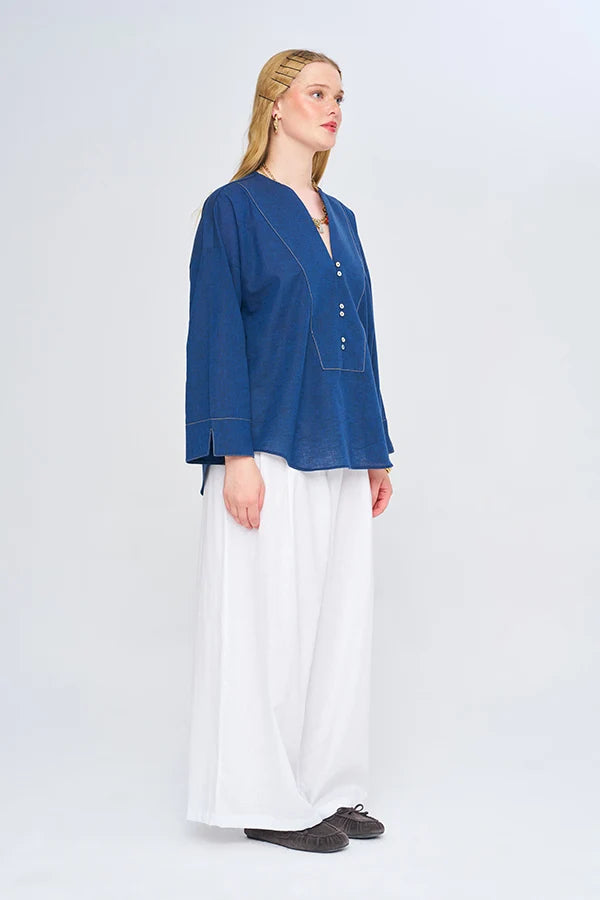 Keten Karışımlı V Yaka Bluz Laci-RS34982