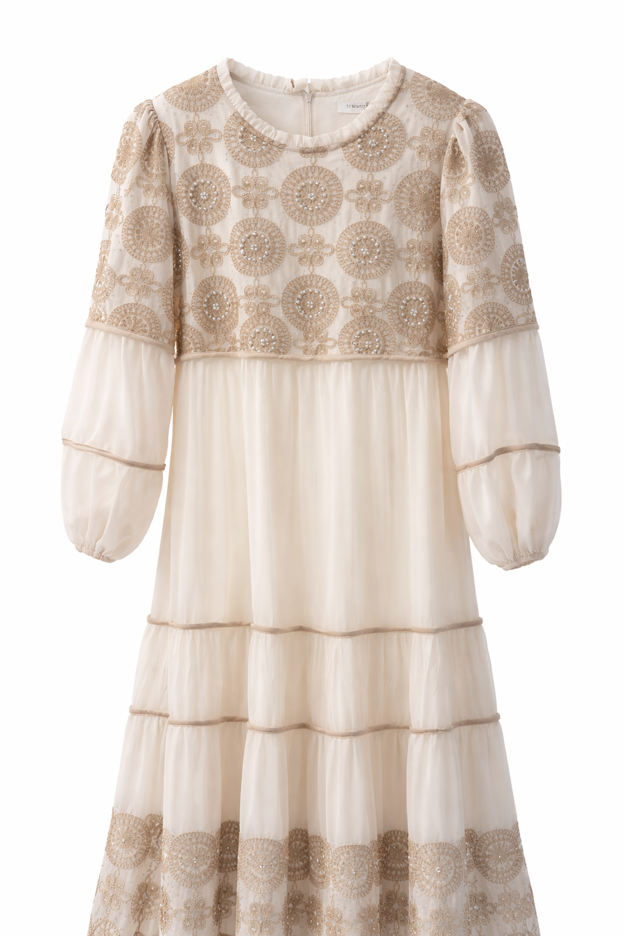 Dantel İnci İşlemeli Katlı Maksi Elbise-Krem