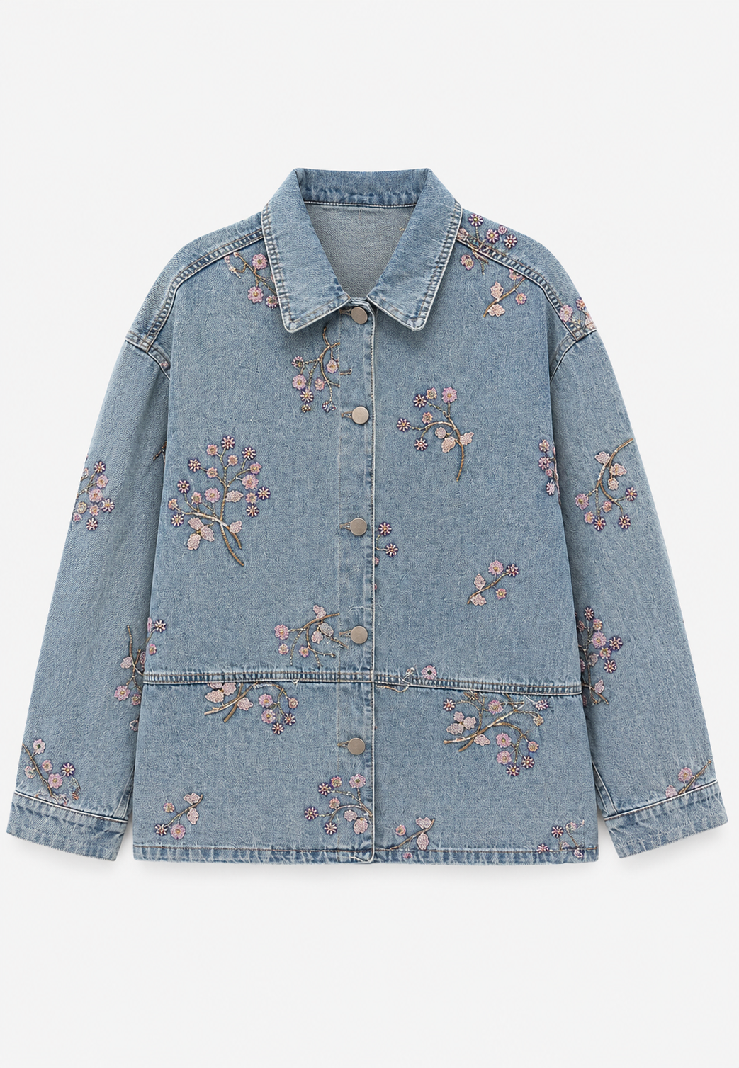 Pembe Çiçek İşleme Denim Ceket