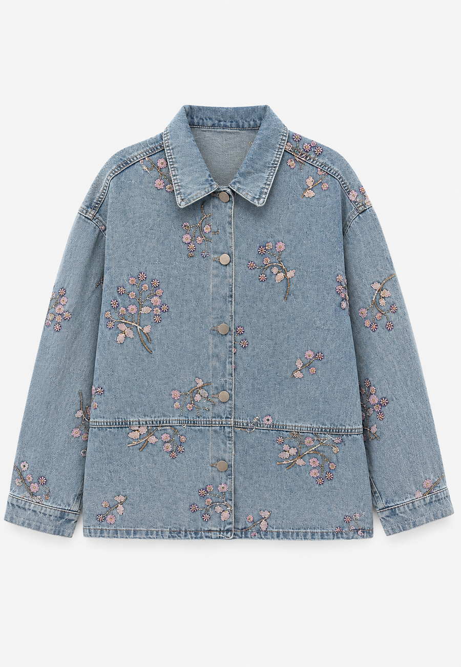Pembe Çiçek İşleme Denim Ceket