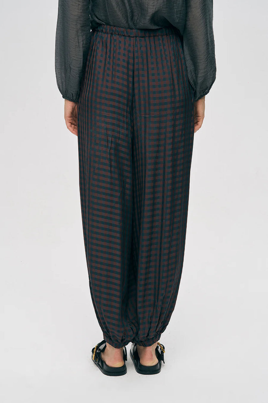 ORF-Beli ve Paçası Lastikli Ekose Desenli Şalvar Pantolon Bordo