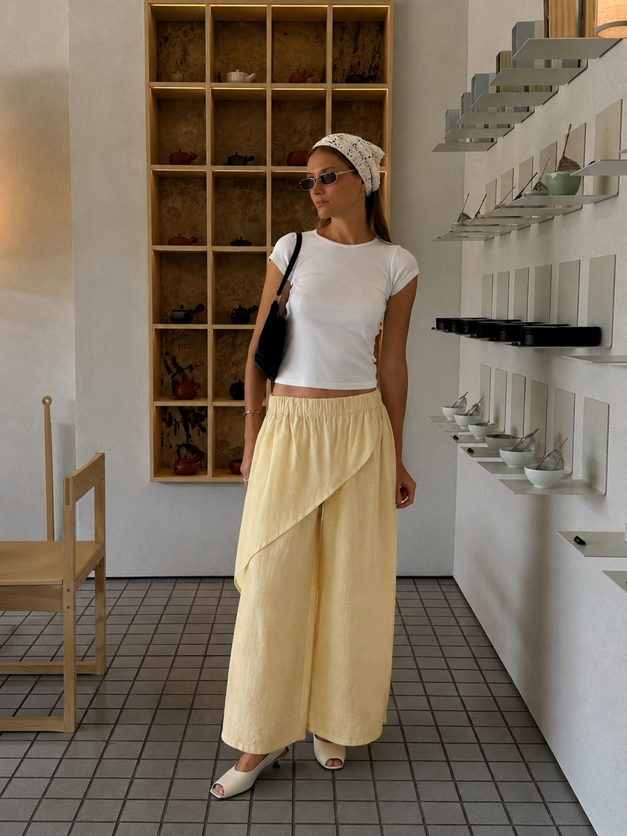 Asimetrik Katlı Keten Pantolon Sarı-RS265871