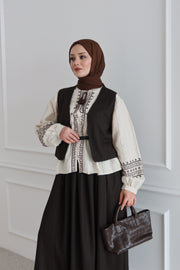 Çizgili Yelek Etekli Takım-Kahverengi