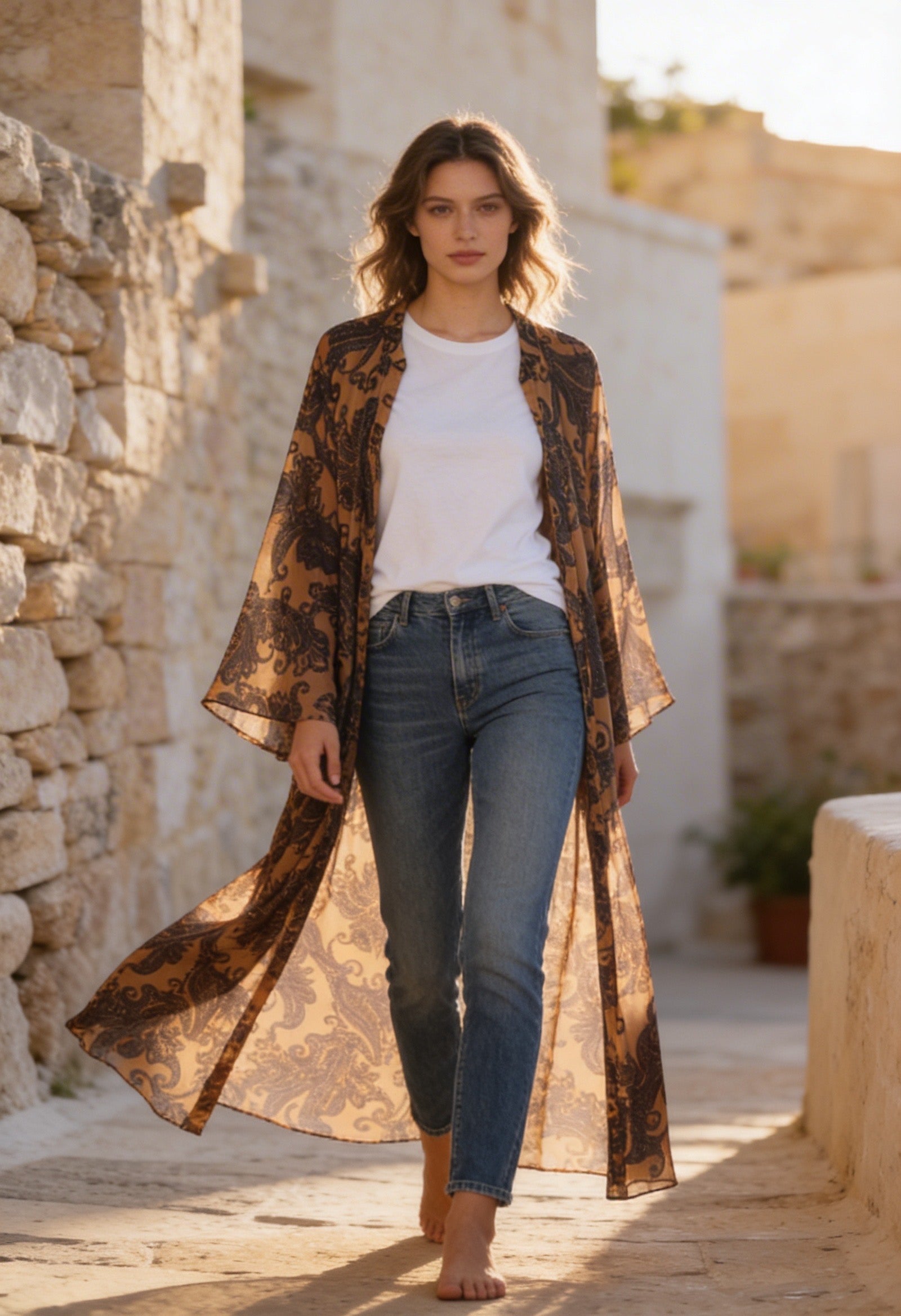 Bohem Paisley Uzun Kimono Hardal