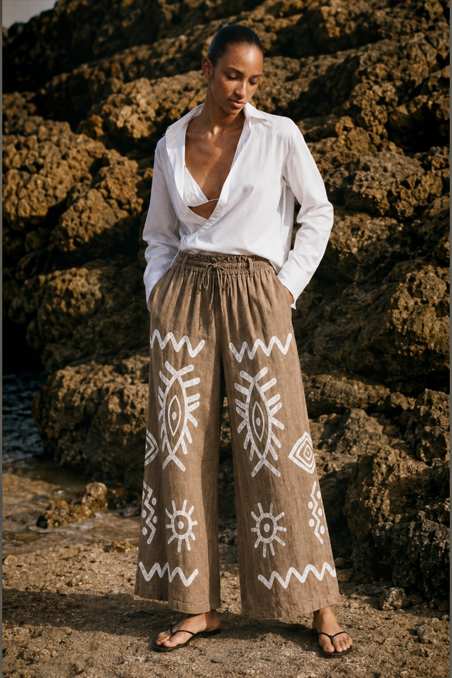 Desenli Keten Pantolon Camel