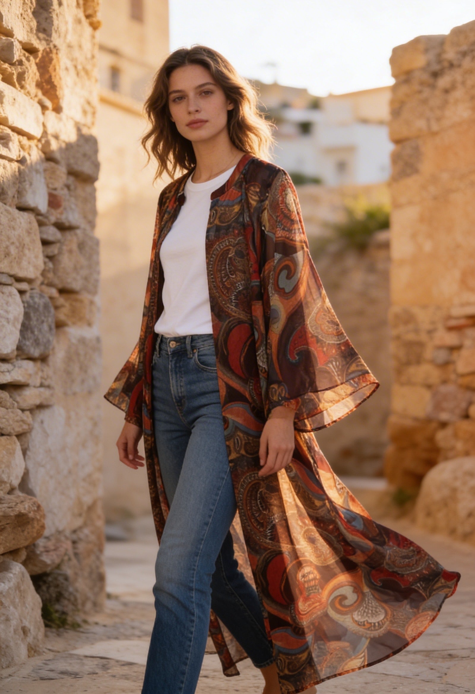 Bohem Paisley Uzun Kimono Kiremit