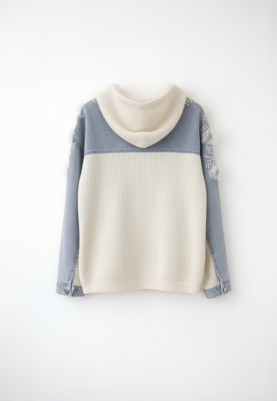 Triko Kapşonlu El İşlemeli Kot Ceket