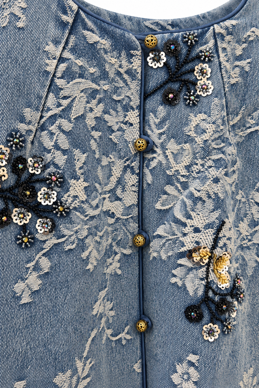Çiçek İşlemeli Taş Detaylı Denim Ceket