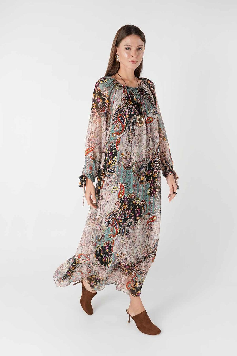 Etnik Desenli Şifon Elbise