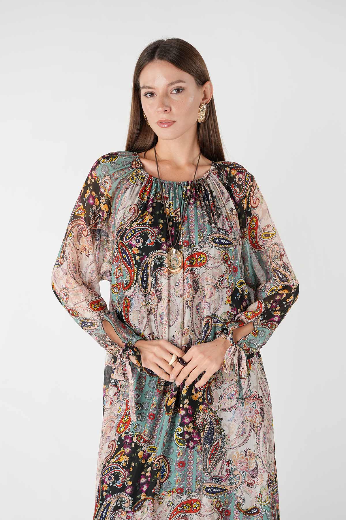 Etnik Desenli Şifon Elbise