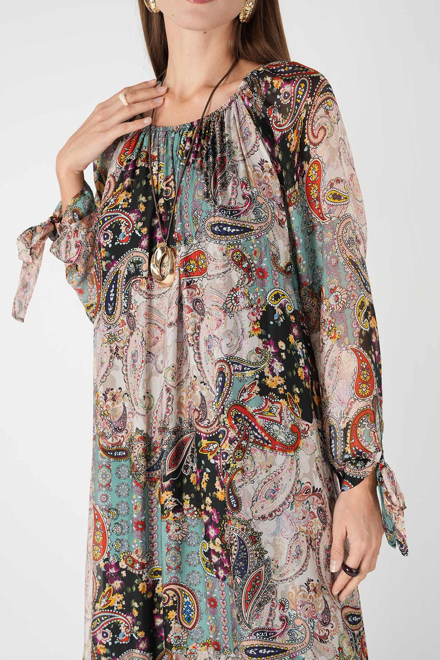 Etnik Desenli Şifon Elbise