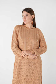 İnci Detaylı Triko Tunik (Karamel)