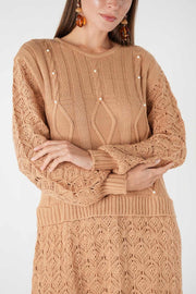 İnci Detaylı Triko Tunik (Karamel)