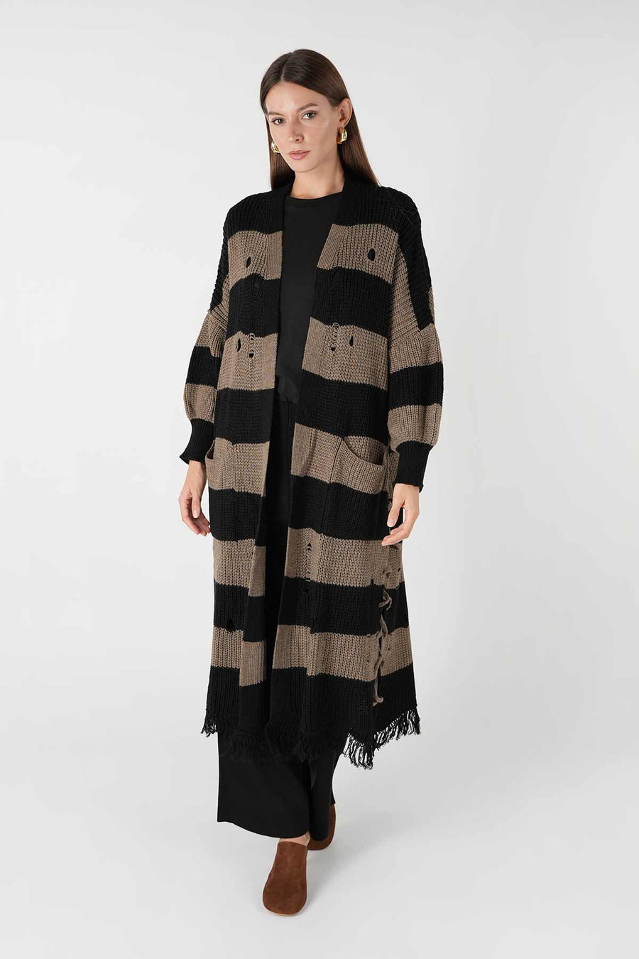 Yandan Bağcıklı Püsküllü Hırka Siyah-Koyu Antrasit