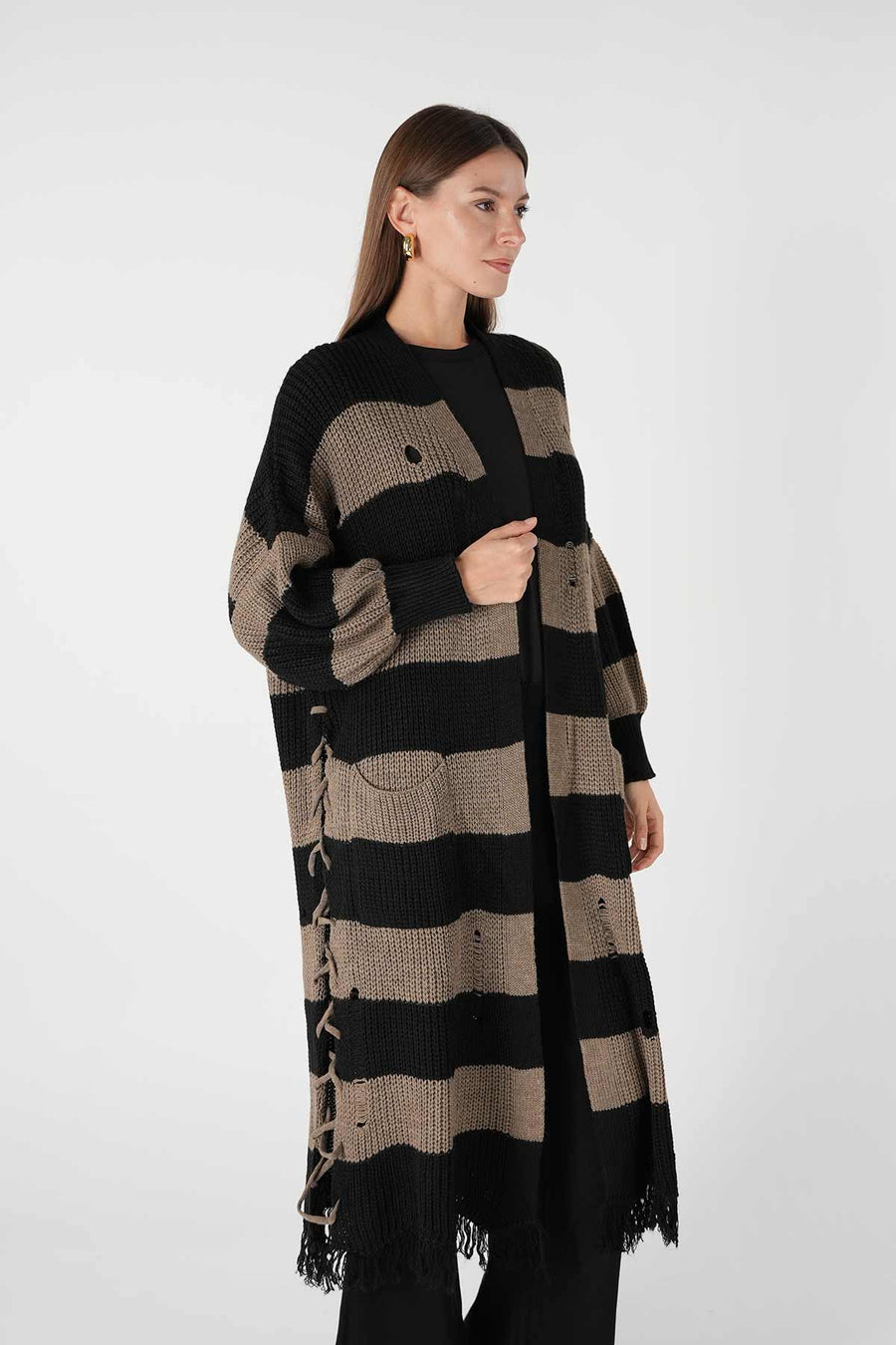 Yandan Bağcıklı Püsküllü Hırka Siyah-Koyu Antrasit