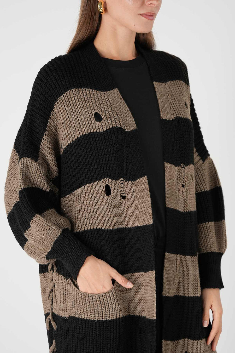 Yandan Bağcıklı Püsküllü Hırka Siyah-Koyu Antrasit