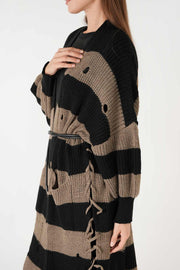 Yandan Bağcıklı Püsküllü Hırka Siyah-Koyu Antrasit