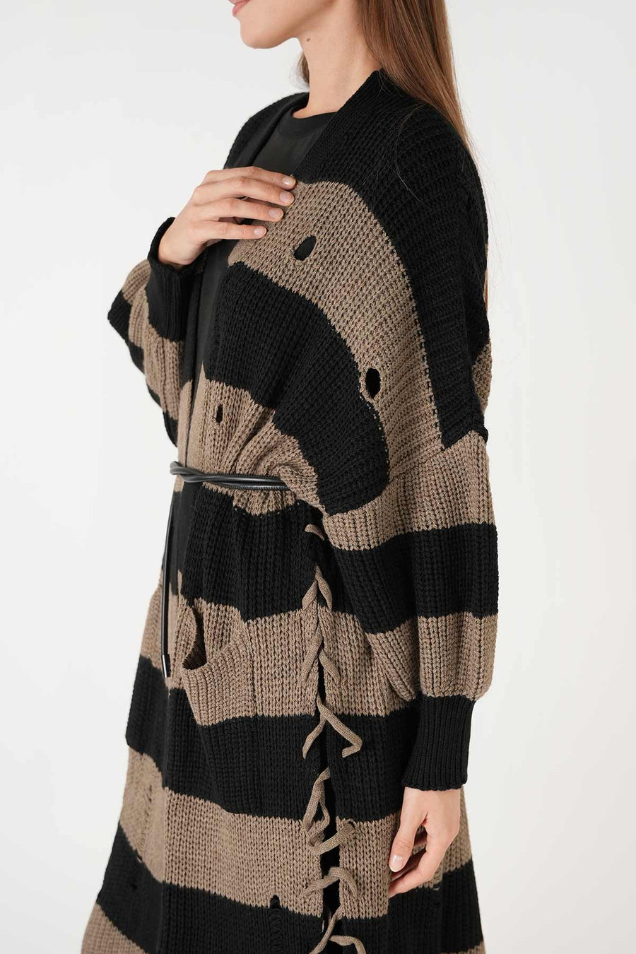 Yandan Bağcıklı Püsküllü Hırka Siyah-Koyu Antrasit