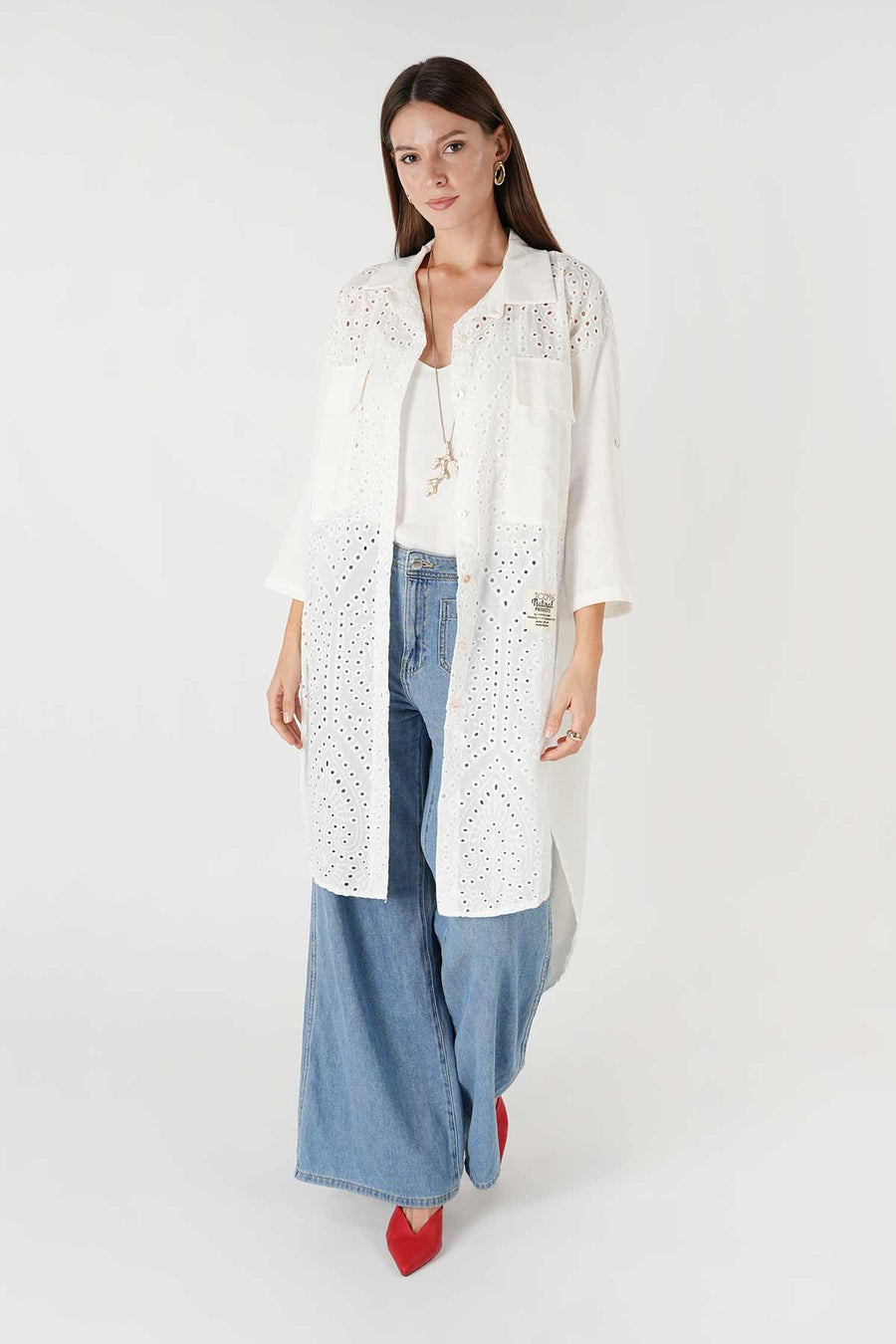 Güpür Cep Detaylı Uzun Gömlek Beyaz
